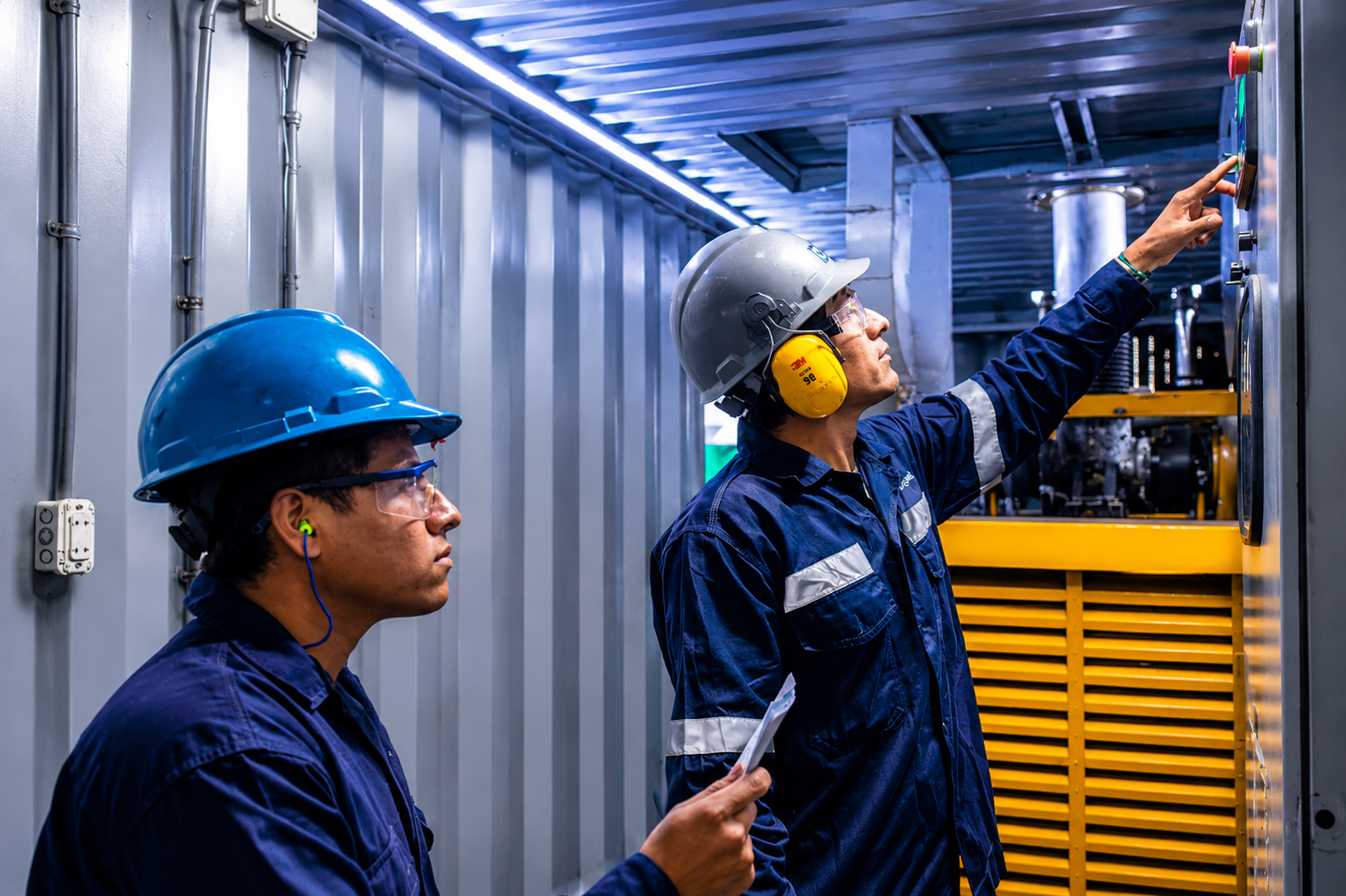 Técnicos inspeccionando grupo electrógeno